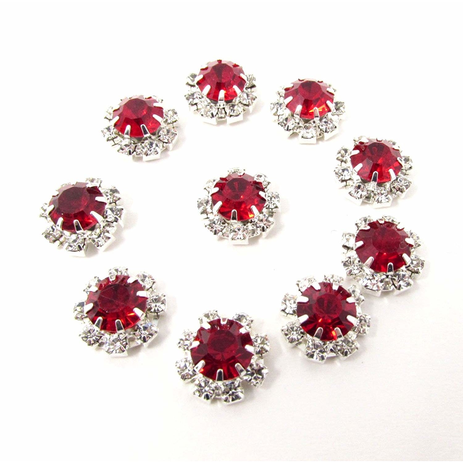 10 x Red Round Rhinestone Diamante Crystal Embellishment 9 Diamantes With Large Center Diamante 12mm